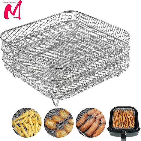 Plateau carré à 3 couches en acier inoxydable pour friteuse à air chaud, grilles empilables pour déshydrateur (1/4)