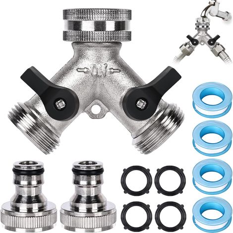 Robinet Double Sortie, 2-Voies Y-Distributeur, Double Sortie Tuyau Arrosage, Adaptateur Tuyau Arrosage de 3/4", Robinet Double Machine a Laver, avec Répartiteur de Tuyau, Rondelles et Un Ruban (1/5)