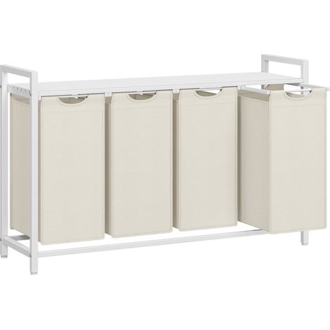 Vasagle – Panier à linge 4 compartiments 160 L – Sacs amovibles en tissu Oxford – Dimensions 116 x 33 x 72 cm – Blanc crème et blanc mat (1/5)
