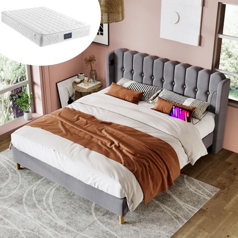 Polsterbett 160x200 mit USB Typ-C und Matratze Grau OKMYHOME (1/5)