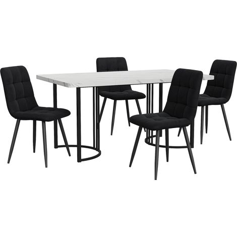 Set de comedor moderno de 5 piezas, mesa 140 x 80 cm con 4 sillas de terciopelo blanco y negro (1/5)