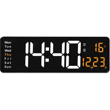 Horloge murale LED nordique 16 pouces, grand écran avec thermomètre, calendrier et alarme, pour salon, couleur orange. (1/5)