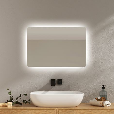 EMKE Espejo de baño retroiluminado con interruptor pulsador, antivaho, dos colores de luz 60x40 cm luz blanca fría/cálida