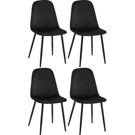 Lot de 4 chaises de salle à manger coutures décoratives losanges assise en velours noir pieds métal noir mat 100001876