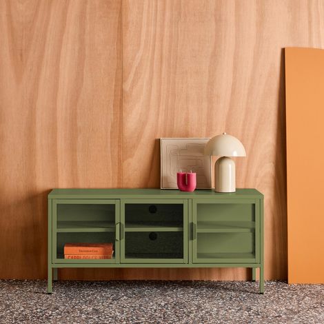 Meuble TV industriel métal et verre trempé 3 portes 120cm vert - Arkansas