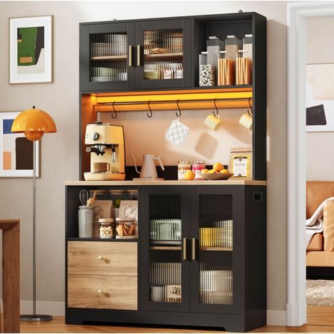 Mueble de cocina alto de 178 cm con LED, puertos USB y puertas de vidrio templado negro OKMYHOME (1/5)