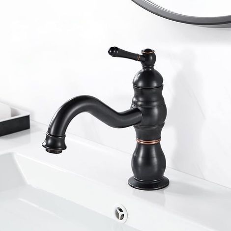 Robinet Lavabo Noir Rétro, Pivotant à 360° Robinet Salle Bain, Monocommande Mitigeur Lavabo en Laiton (1/5)