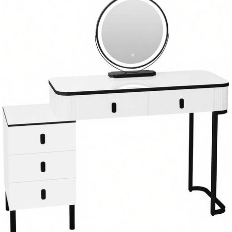 Coiffeuse noire et blanche avec miroir LED réglable et 5 tiroirs, 100x125x40 cm (1/5)