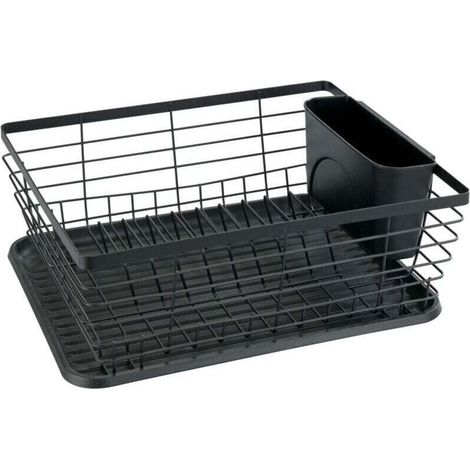 Egouttoir à vaisselle moderne, Bac d'égouttage amovible, Panier à couverts, Nettoyage facile, Métal revêtu par poudre et Plastique, 36x15x30,3 cm, Noir (1/5)