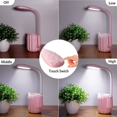 Lampe de Bureau - Lampe LED Sans Fil avec Réglage Tactile de la Luminosité - Collier Flexible 360° - Support pour Stylos Intégré - Autonomie Jusqu'à 15 H - Rose (1/5)