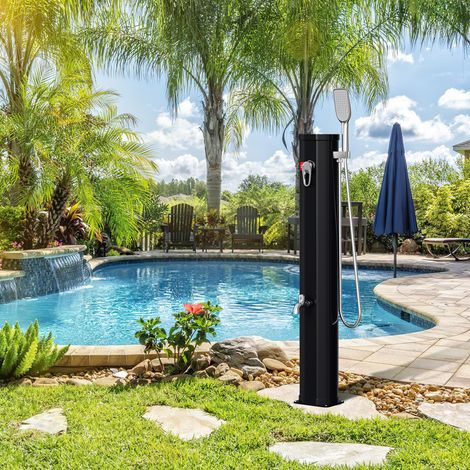 Randaco Doccia solare da 20 litri con colonna, copertura, tappo di scarico e doccetta - Nero (doccia da giardino, doccia da piscina, campeggio)