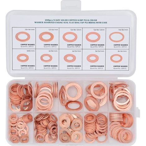 CCYKXA 200-Piece Copper Washer Assortment Kit, 9 Sizes, M5 to M14, Brass Flat Washer Gasket Assortment, for Sealing Rings and Drain Plug Gaskets