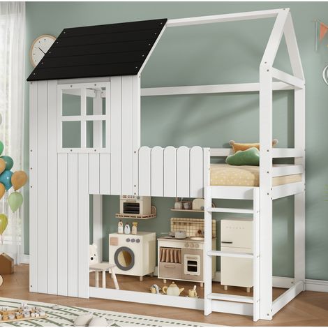 Cama alta infantil estilo casita 90x200 cm de madera blanca y negra con escalera de 3 peldaños y barandillas (1/5)