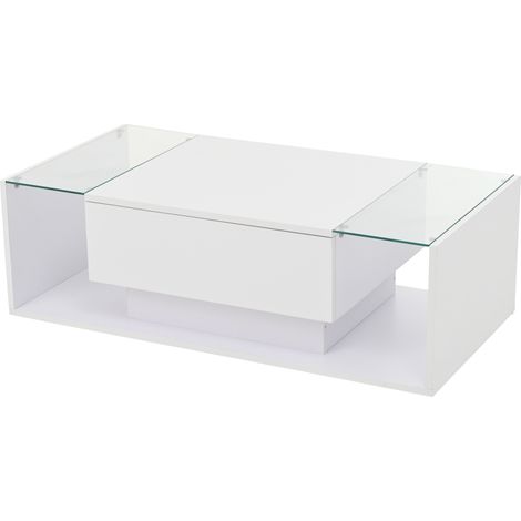 Table basse 1005031cm avec 1 tiroir et bande lumineuse LED, table d'appoint en verre trempé, table basse brillante, table de salon blanche au design minimaliste (1/5)