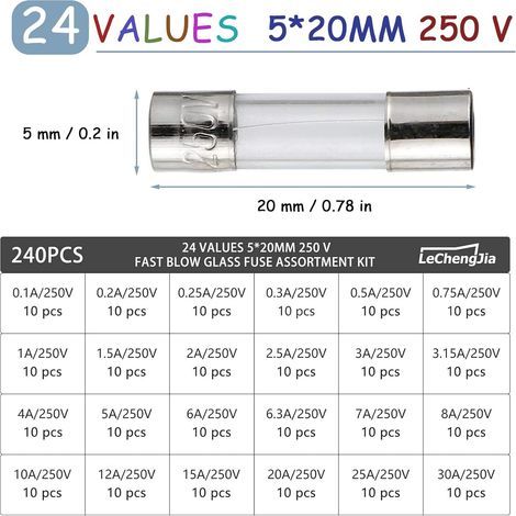 24 Valeurs 240 pcs Kit d'assortiment de Fusibles à action lente 5x20mm 250V 0.1/0.2/0.25/0.3/0.5/0.75/1/1.5/2/2.5/3/3.15/4/5/6/6.3/7/8/10/12/15/20/25/30A -boîte en plastique transparente