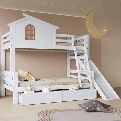 Lit superposé 90 x 200 & 120 x 200 cm avec fenêtres, échelle inclinée et toboggan, 2 tiroirs, en bois massif blanc (1/5)