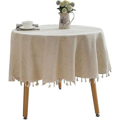 Nappe ronde unie à pompons en coton et lin, idéale pour la cuisine, la salle à manger ou un style champêtre. (1/5)