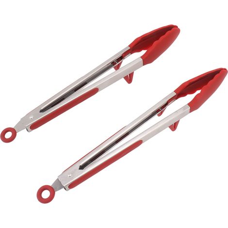 Set aus 2 x 30 cm langen Küchenzangen mit Silikonspitzen, Edelstahl-Kochzangen mit Verriegelungsmechanismus, zum Grillen und Barbecue, rot (1/5)