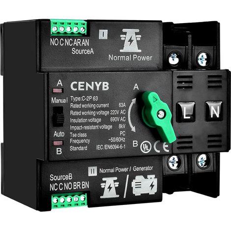 Commutateur ATS 2P 63A AC220V, inverseur monophasé auto/manuel, alimentation sans coupure, montage rail DIN (1/5)