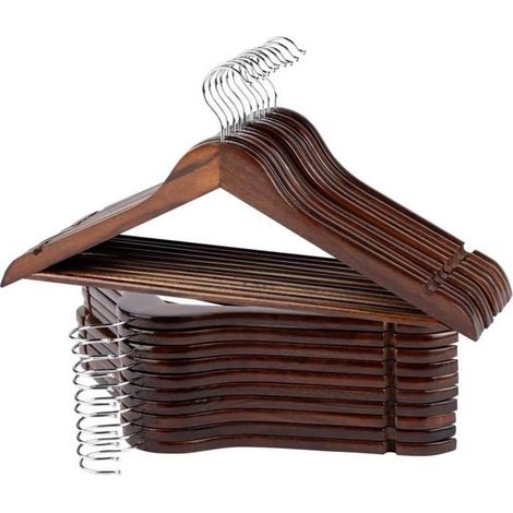 Gianno Store-Lot 20 cintres bois marron 44,5×23 cm, crochets acier rotatifs, encoches et barre pantalon