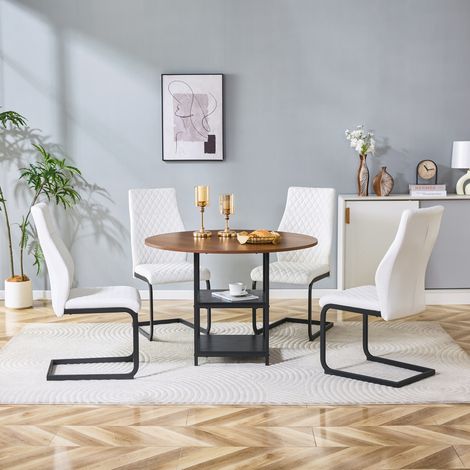 Set tavolo rotondo 107 cm con 4 sedie bianche in stile industriale, MDF e metallo, finitura noce (1/5)