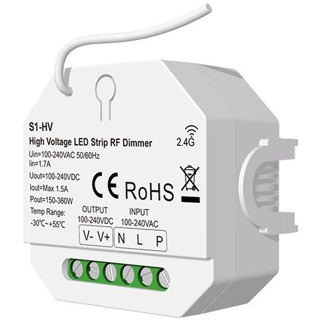 Contrôleur de ruban LED haute tension S1-HV, 1 canal 1,5 A, 100-240 V CA, avec gradation RF et bouton-poussoir (1/3)