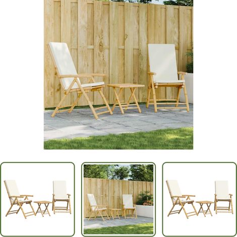 vidaXL Liegestuhl - 3-tlg. Bistro-Set Klappbar mit Cremeweißen Kissen Bambus (1/5)