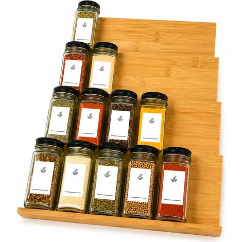 Organisateur à Épices en Bambou – 4 Supports avec 12 Bocaux en Verre, Couvercles Double Ouverture et Étiquettes Incluses (1/5)