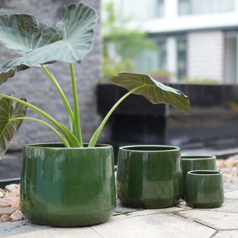 Set di vasi da pianta in ceramica fatti a mano 4 pezzi (Ø 33/26/20/15 cm), Verde scuro lucido con smalto lucido uniforme, traspirante, resistente al gelo, con fori di drenaggio per giardino e balcone (1/5)