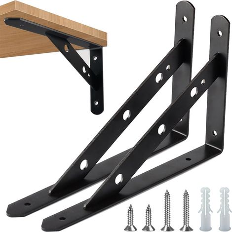 Lot de 2 équerres d'étagère triangulaires robustes à angle droit - Supports d'étagère murale de 20,3 cm et 30,5 cm (noir, 300 mm x 188 mm x 25 mm) (1/5)