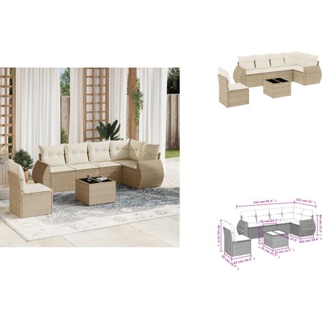 7-tlg. Garten-Sofagarnitur mit Kissen Beige Poly Rattan - Gartenmöbel Set - PE-Rattan Möbel - Outdoor Lounge - Esstisch Set - Balkonmöbel (1/3)