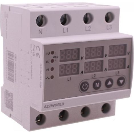 Relè Monitoraggio e Protezione Tensione Corrente con Display, 4P Trifase 80A AC220V, Protezione Sovra/Sottotensione e Sovracorrente, Guida DIN, Ingresso da Sotto, GPS8-03