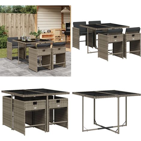 5-tlg. Garten-Essgruppe mit Kissen Grau Poly Rattan - Gartengestell - Gartenmöbel Set - Outdoor Möbel - Esstisch - Gartenstühle - Home & Living (1/5)