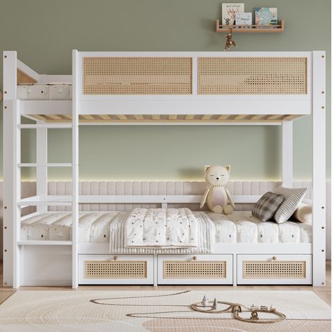 Cama infantil con cajones y escalera blanca natural OKMYHOME (1/5)