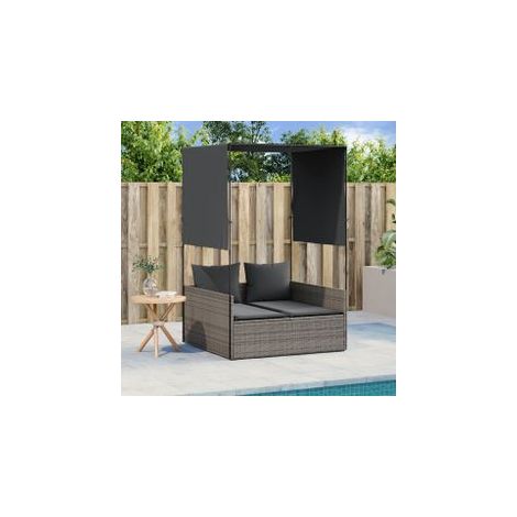 Chaise longue double avec toit et rideaux gris résine tressée (1/5)