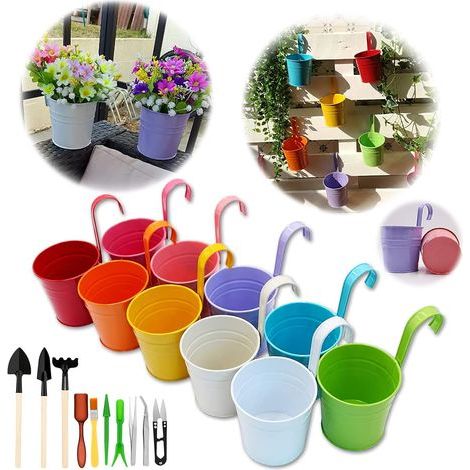 Ensemble de 10 Pots de Fleurs en Métal Vase Suspendu Panier à Planter avec des Outils de Jardin, Crochet Détachable, sans Trou de Drainage, Clôture de Jardin Balcon Décoration (1/5)