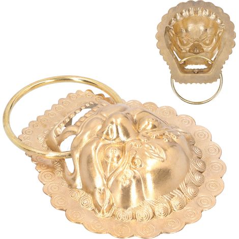 Heurtoir de porte style chinois à tête d'animal, poignée ancienne, poignée de portail tête de lion, porte à deux vantaux, porte en bois, anneau de tirage en cuivre pour cour (1/5)