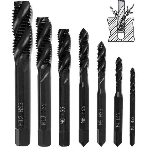 Juego de 7 machos de roscar，juego de machos de roscar métricos de ranura espiral M3 M4 M5 M6 M8 M10 M12 para taladro de metal y madera