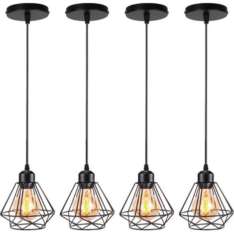 4pcs Suspension Luminaire Vintage 16cm Lustre Industriel en Métal E27 Éclairage de Plafond Design Cage Abat-jour Rétro,Noir (1/5)