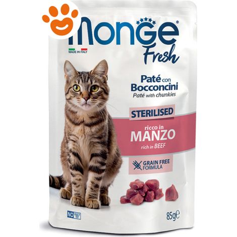 Monge Fresh Cat Sterilised Paté con Bocconcini Ricco in Manzo - Bustina 85 Gr - Cibo Umido Gatti
