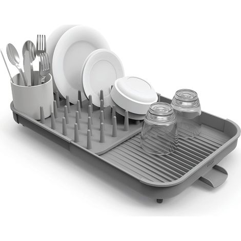 Duo Séchoir à Vaisselle Extensible, égouttoir à Vaisselle de Cuisine avec Pot à ustensiles et Bec d'égouttage, Gris (1/5)