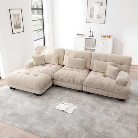 Canapé d'angle modulable 313 x 145 x 81 cm avec ottoman, chenille, brun clair DESVIAE (1/5)