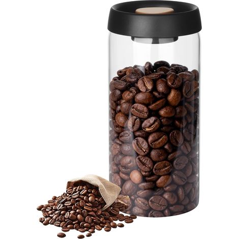 Latas de café, negras, lata de café hermética, 1,8 l/1800 ml, recipiente de café de acero inoxidable, soporte para granos de café con cuchara, granos de café al vacío (1/5)