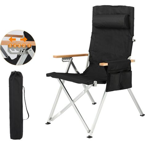 Chaise camping pliable 5 positions avec oreiller et poche latérale, chaise pêche réglable portable, idéale jardin patio camping, légère et confortable noir (1/5)