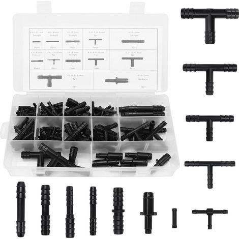 Lot de 113 raccords pour tuyaux, 12 tailles de raccords en T, kit de raccordement pour tuyaux d'arrosage, raccords pour tuyaux de lave-glace, tuyaux d'arrosage et systèmes d'irrigation (1/5)