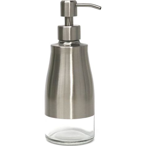 300 ml Distributeur de savon noir en verre et acier inoxydable, distributeur de savon douche avec étiquettes – Distributeur de lotion rechargeable pour cuisine, salle de bain, bureau, hôtel