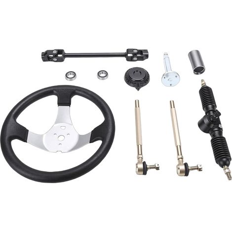 Volant Go Kart de 300 Mm, 3 Rayons avec Crémaillère et Pignon Réglables de 320 Mm, Petit Support de Tige de Traction, pour Véhicule Tout-terrain ATV UTV de 110 Ml, 125 Ml, 140, 150 (1/4)