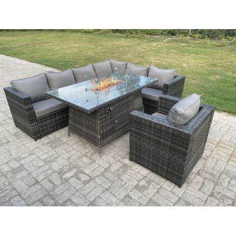Fimous Outdoor Rattan Garden Corner Furniture Gas Fire Pit Dining Table Gas Heater Sets Lounge Chair Dark Grey 7 Seater (1/4)