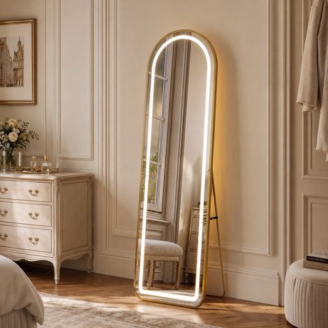LED-Ganzkörperspiegel, Standspiegel für Schlafzimmer und Wohnzimmer, auch zur Wandmontage geeignet, bogenförmiger Aluminiumrahmen, 150x40 cm, bruchsicher, Gold