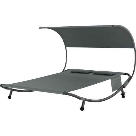 Lit bébé double avec baldaquin amovible, roulettes, coussins et poches de rangement, gris